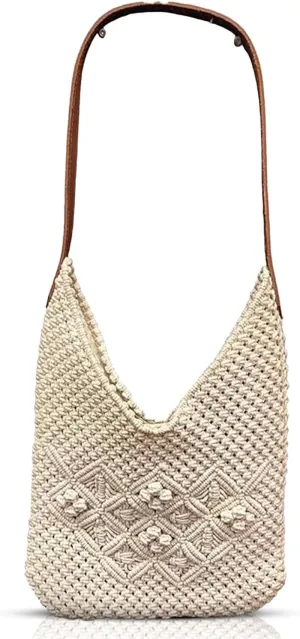 HHH Designs Stylish Women's Leather Handle Handbags-Crochet Cotton Macrame-Lightweight Mesh Net Tote Bags with Leather Strap