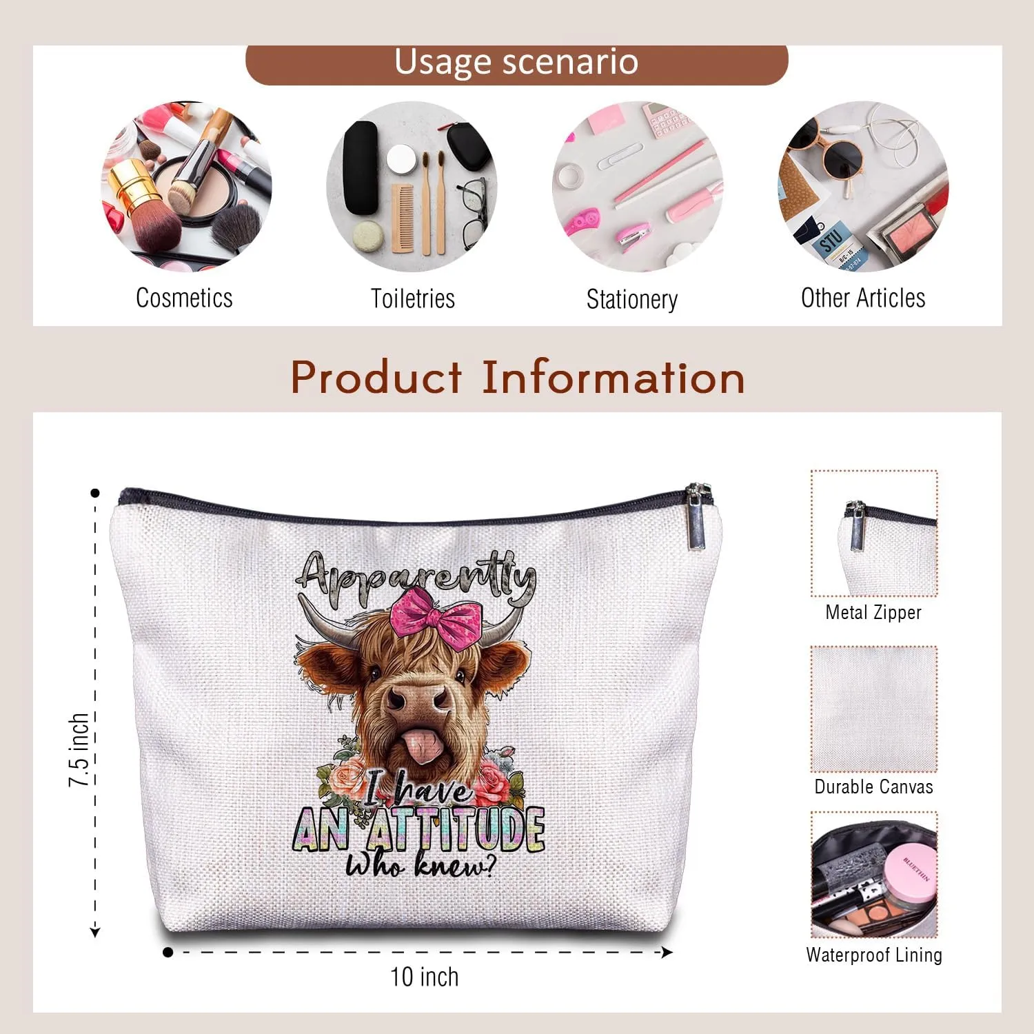 Highland Cow Western Makeup Bag - Highland Cow Gifts for Women Cowgirls Girls, Funny Western Cosmetic Bag for Purse, Highland Cow Cosmetic Bags for Women, Attitude