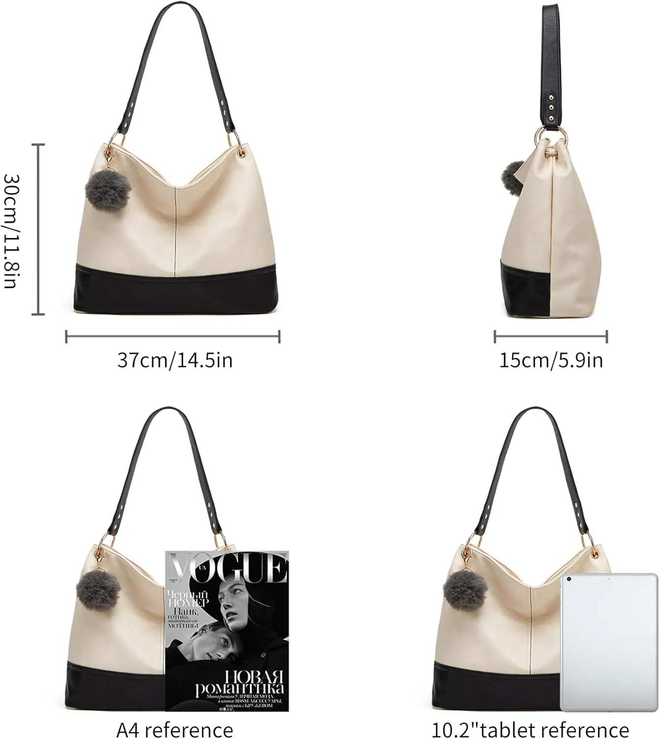 Hobo Bag for Women Leather Top Handle Shoulder Bags Large Purses and Handbags with Cute Pendant (Black)