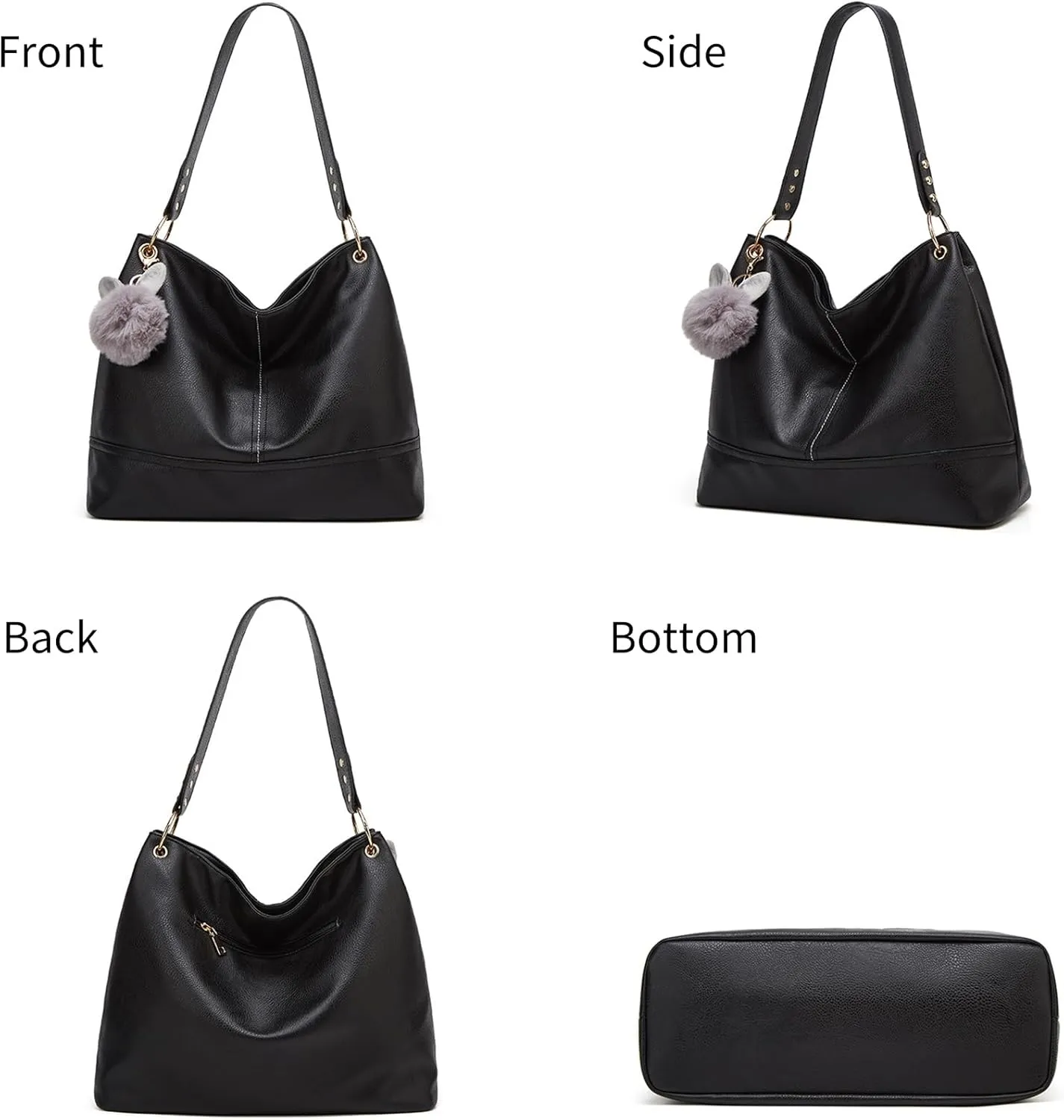 Hobo Bag for Women Leather Top Handle Shoulder Bags Large Purses and Handbags with Cute Pendant (Black)