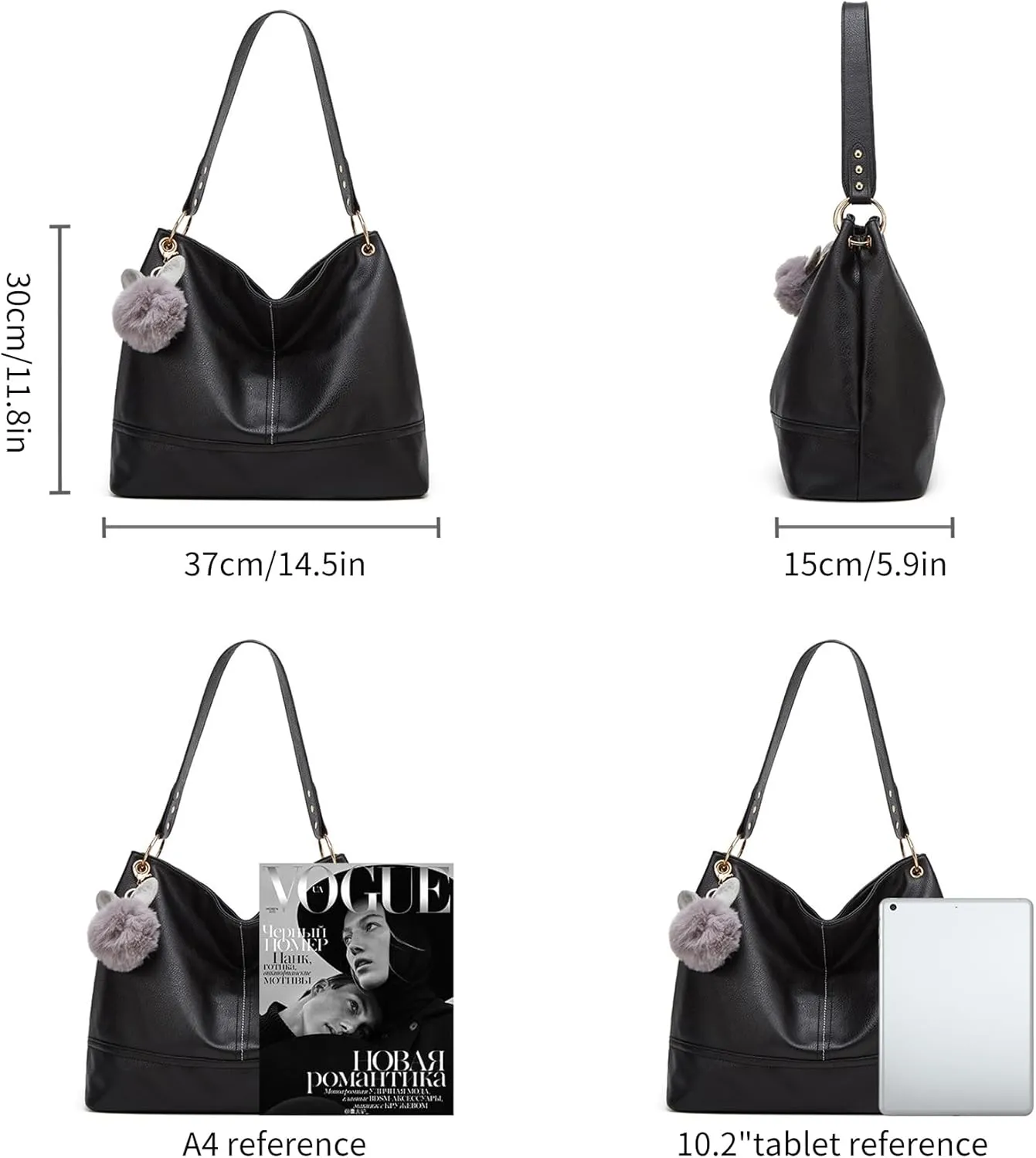 Hobo Bag for Women Leather Top Handle Shoulder Bags Large Purses and Handbags with Cute Pendant (Black)