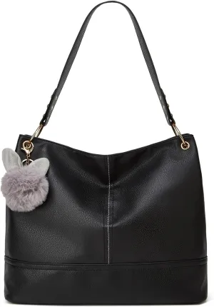 Hobo Bag for Women Leather Top Handle Shoulder Bags Large Purses and Handbags with Cute Pendant (Black)