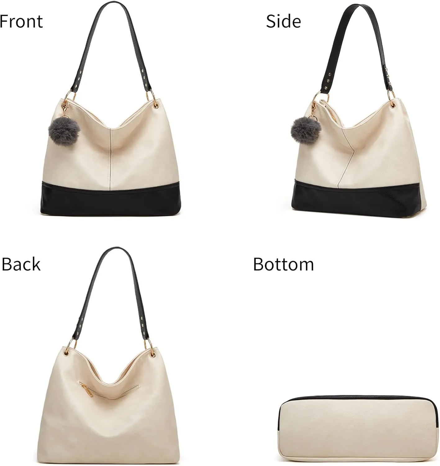 Hobo Bag for Women Leather Top Handle Shoulder Bags Large Purses and Handbags with Cute Pendant (Black)