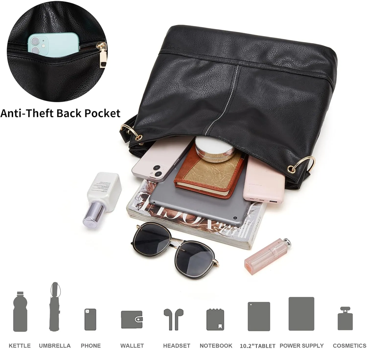 Hobo Bag for Women Leather Top Handle Shoulder Bags Large Purses and Handbags with Cute Pendant (Black)