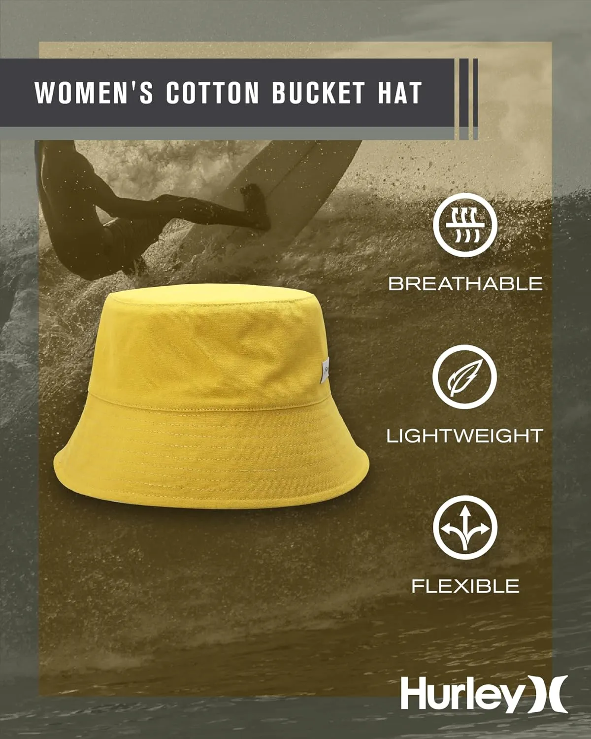 Hurley Women's Bucket Hat - 100% Cotton Canvas Packable, Lightweight, Reversible Beach Bucket Hat for Outings and Casual Wear