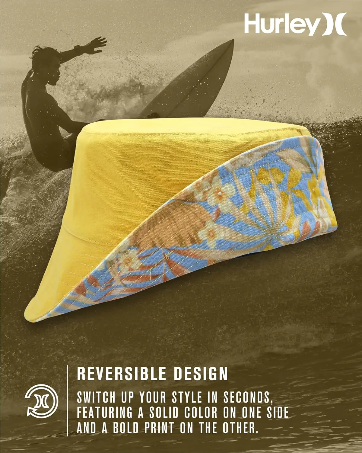 Hurley Women's Bucket Hat - 100% Cotton Canvas Packable, Lightweight, Reversible Beach Bucket Hat for Outings and Casual Wear