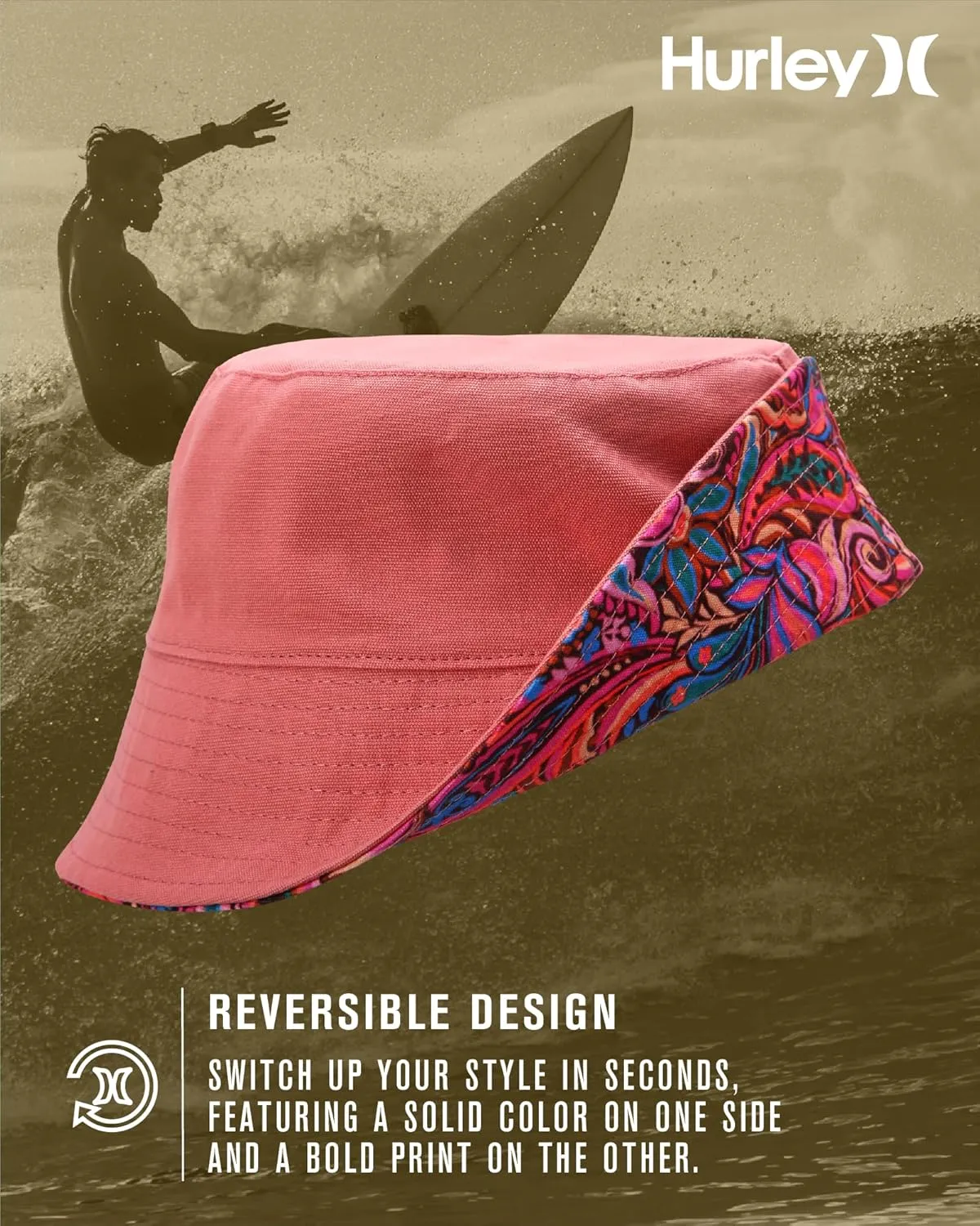 Hurley Women's Bucket Hat - 100% Cotton Canvas Packable, Lightweight, Reversible Beach Bucket Hat for Outings and Casual Wear