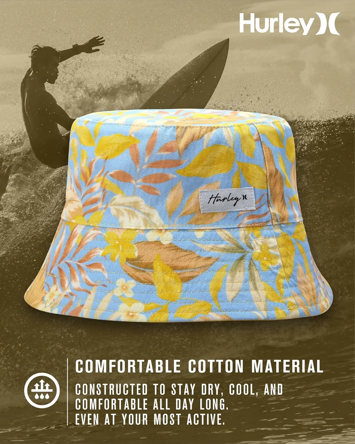 Hurley Women's Bucket Hat - 100% Cotton Canvas Packable, Lightweight, Reversible Beach Bucket Hat for Outings and Casual Wear