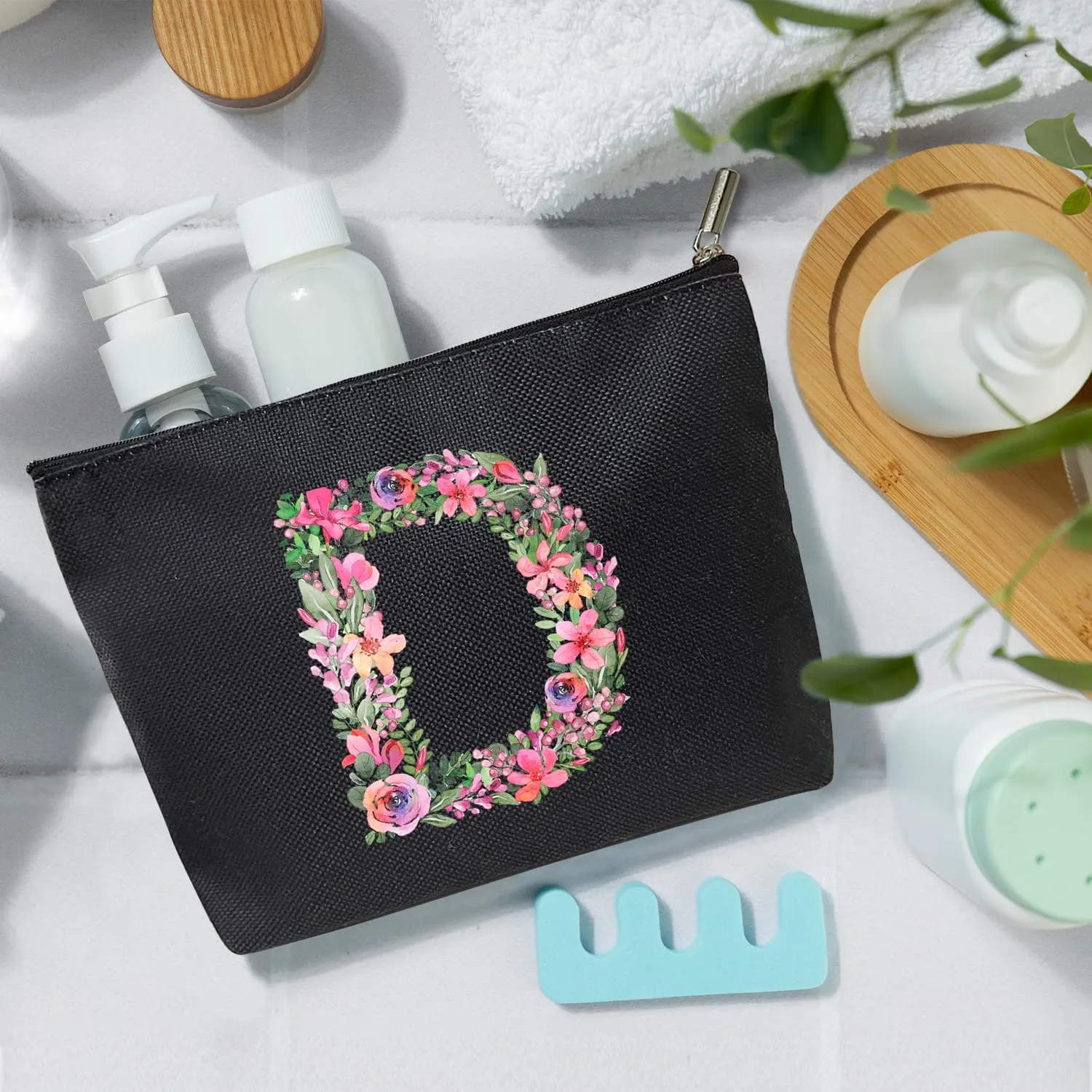 Initial Letter D Gifts for Women Mom Friend Besties Sister, Black Monogrammed Makeup Bag, Cosmetic Travel Bag with Zipper for Mother's Day Wedding Graduation, Bride Bridesmaid Pouch Toiletry Bag - 04