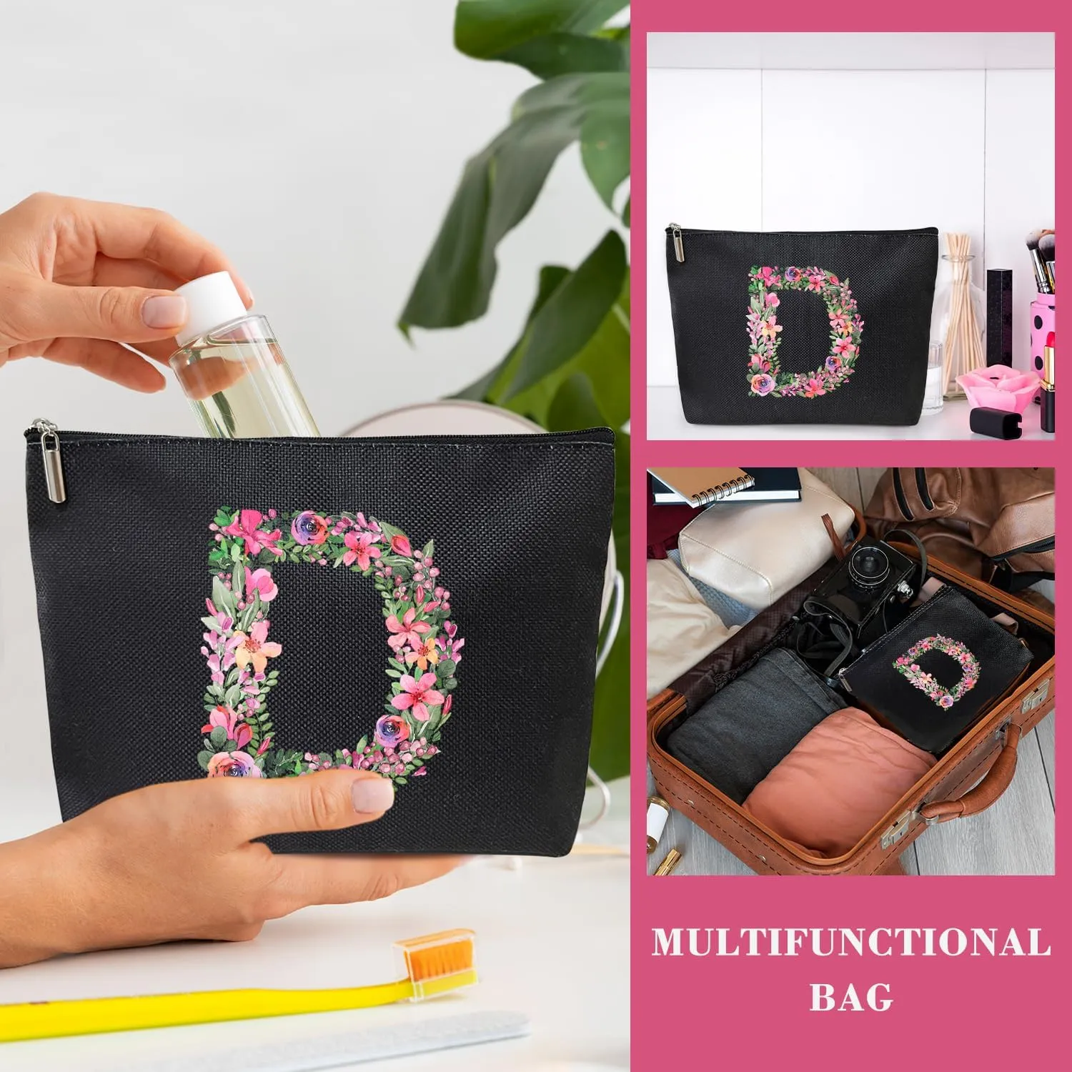 Initial Letter D Gifts for Women Mom Friend Besties Sister, Black Monogrammed Makeup Bag, Cosmetic Travel Bag with Zipper for Mother's Day Wedding Graduation, Bride Bridesmaid Pouch Toiletry Bag - 04