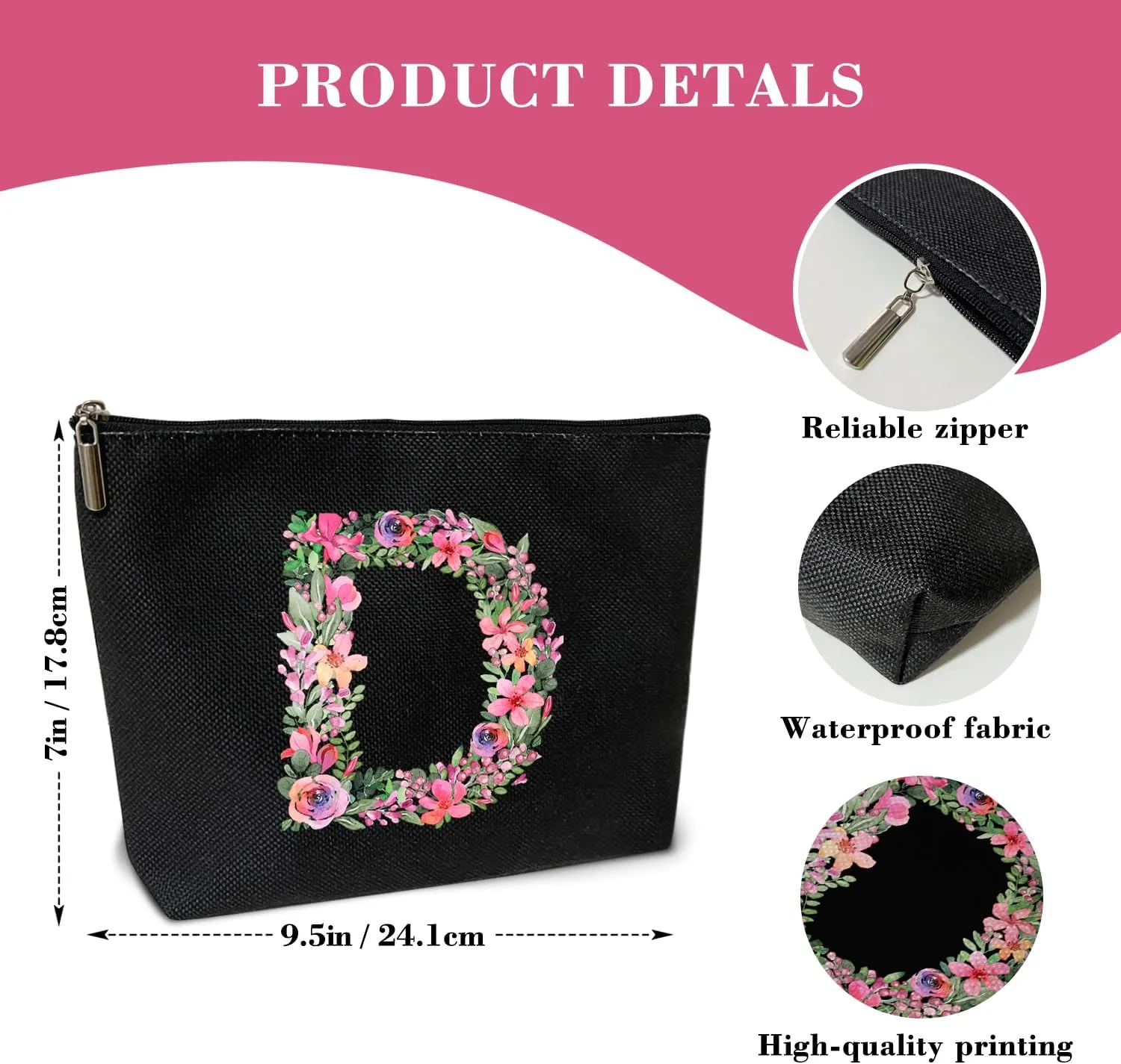 Initial Letter D Gifts for Women Mom Friend Besties Sister, Black Monogrammed Makeup Bag, Cosmetic Travel Bag with Zipper for Mother's Day Wedding Graduation, Bride Bridesmaid Pouch Toiletry Bag - 04