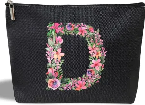 Initial Letter D Gifts for Women Mom Friend Besties Sister, Black Monogrammed Makeup Bag, Cosmetic Travel Bag with Zipper for Mother's Day Wedding Graduation, Bride Bridesmaid Pouch Toiletry Bag - 04