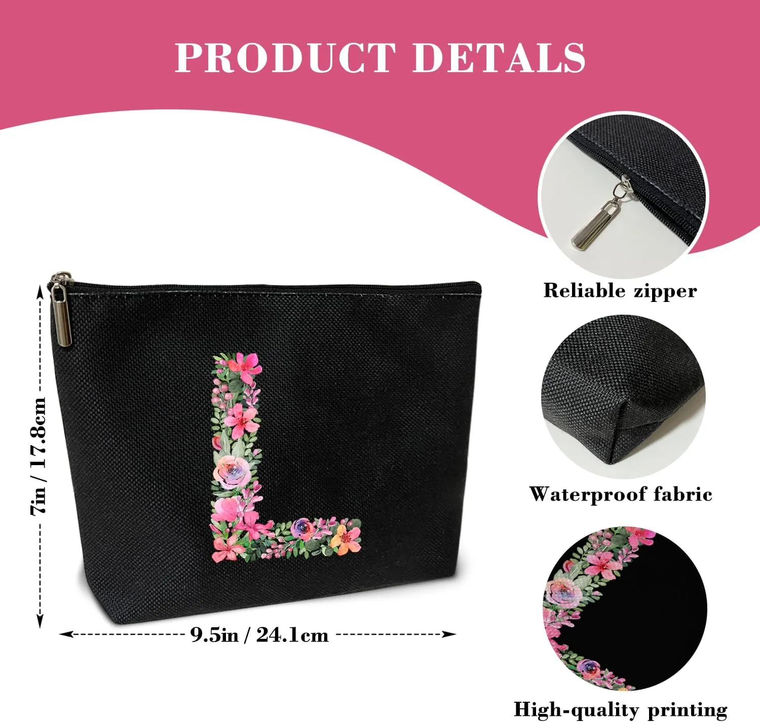 Initial Letter L Gifts for Women Mom Friend Besties Sister, Black Monogrammed Makeup Bag, Cosmetic Travel Bag with Zipper for Mother's Day Wedding Graduation, Bride Bridesmaid Pouch Toiletry Bag - 12
