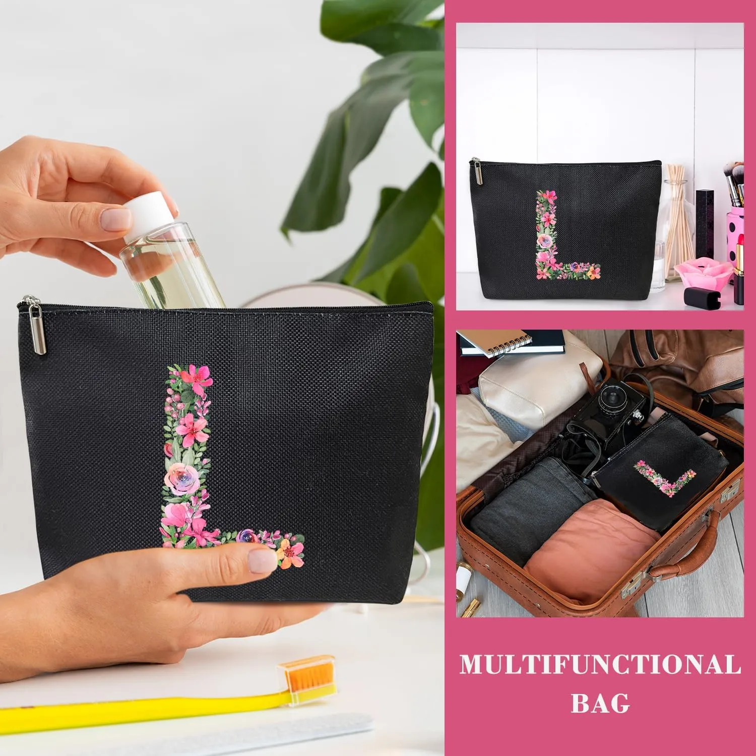 Initial Letter L Gifts for Women Mom Friend Besties Sister, Black Monogrammed Makeup Bag, Cosmetic Travel Bag with Zipper for Mother's Day Wedding Graduation, Bride Bridesmaid Pouch Toiletry Bag - 12