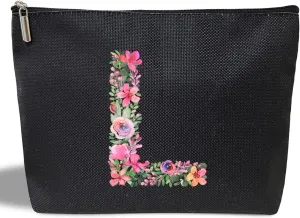 Initial Letter L Gifts for Women Mom Friend Besties Sister, Black Monogrammed Makeup Bag, Cosmetic Travel Bag with Zipper for Mother's Day Wedding Graduation, Bride Bridesmaid Pouch Toiletry Bag - 12