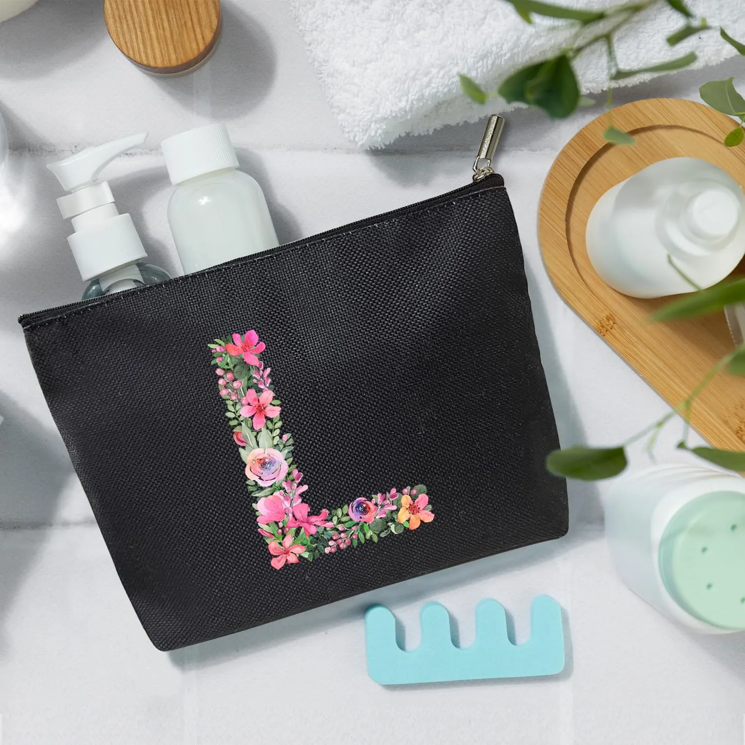 Initial Letter L Gifts for Women Mom Friend Besties Sister, Black Monogrammed Makeup Bag, Cosmetic Travel Bag with Zipper for Mother's Day Wedding Graduation, Bride Bridesmaid Pouch Toiletry Bag - 12