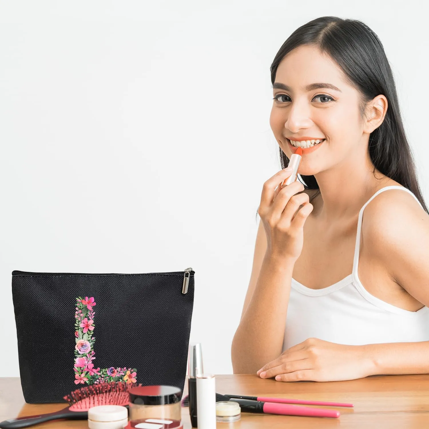 Initial Letter L Gifts for Women Mom Friend Besties Sister, Black Monogrammed Makeup Bag, Cosmetic Travel Bag with Zipper for Mother's Day Wedding Graduation, Bride Bridesmaid Pouch Toiletry Bag - 12