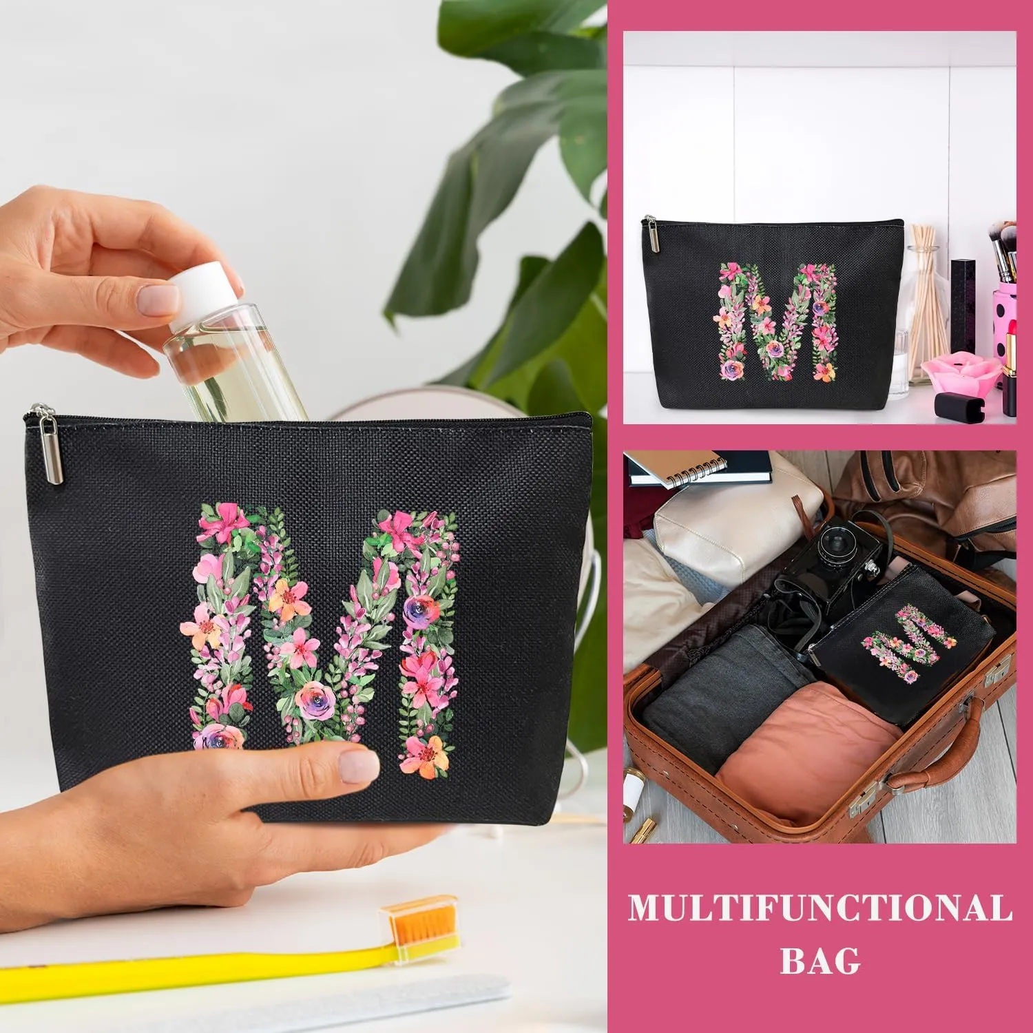 Initial Letter M Gifts for Women Mom Friend Besties Sister, Black Monogrammed Makeup Bag, Cosmetic Travel Bag with Zipper for Mother's Day Wedding Graduation, Bride Bridesmaid Pouch Toiletry Bag - 13