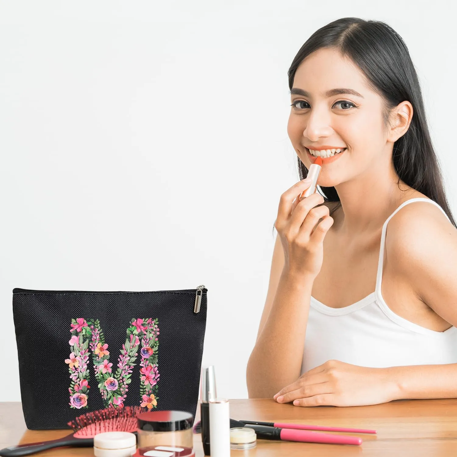 Initial Letter M Gifts for Women Mom Friend Besties Sister, Black Monogrammed Makeup Bag, Cosmetic Travel Bag with Zipper for Mother's Day Wedding Graduation, Bride Bridesmaid Pouch Toiletry Bag - 13