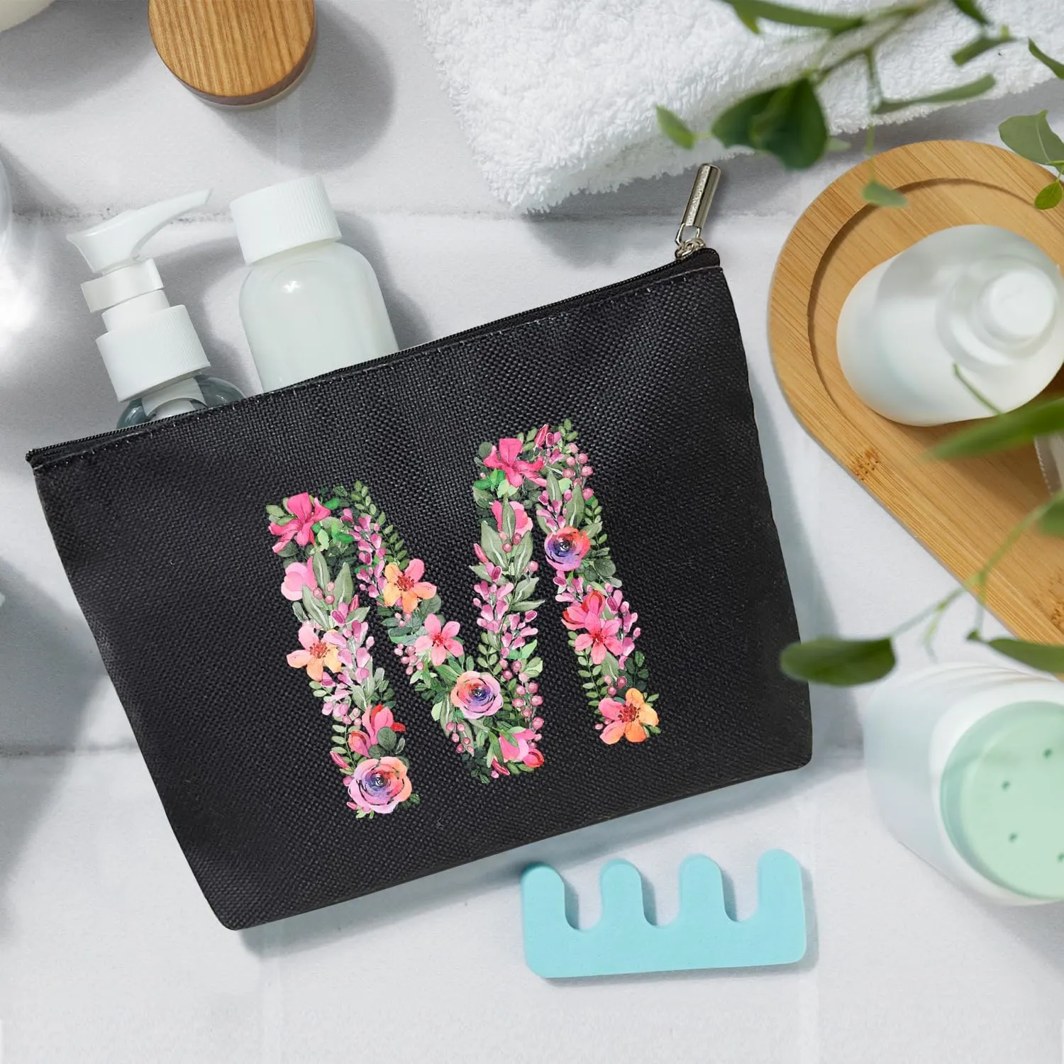 Initial Letter M Gifts for Women Mom Friend Besties Sister, Black Monogrammed Makeup Bag, Cosmetic Travel Bag with Zipper for Mother's Day Wedding Graduation, Bride Bridesmaid Pouch Toiletry Bag - 13
