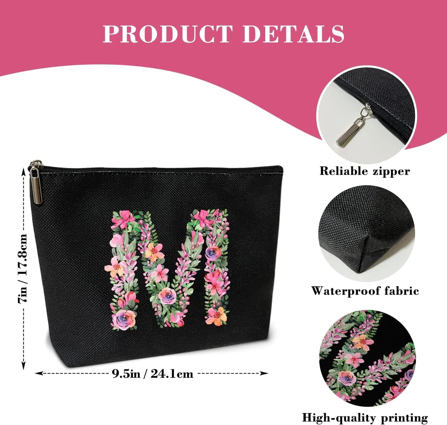 Initial Letter M Gifts for Women Mom Friend Besties Sister, Black Monogrammed Makeup Bag, Cosmetic Travel Bag with Zipper for Mother's Day Wedding Graduation, Bride Bridesmaid Pouch Toiletry Bag - 13