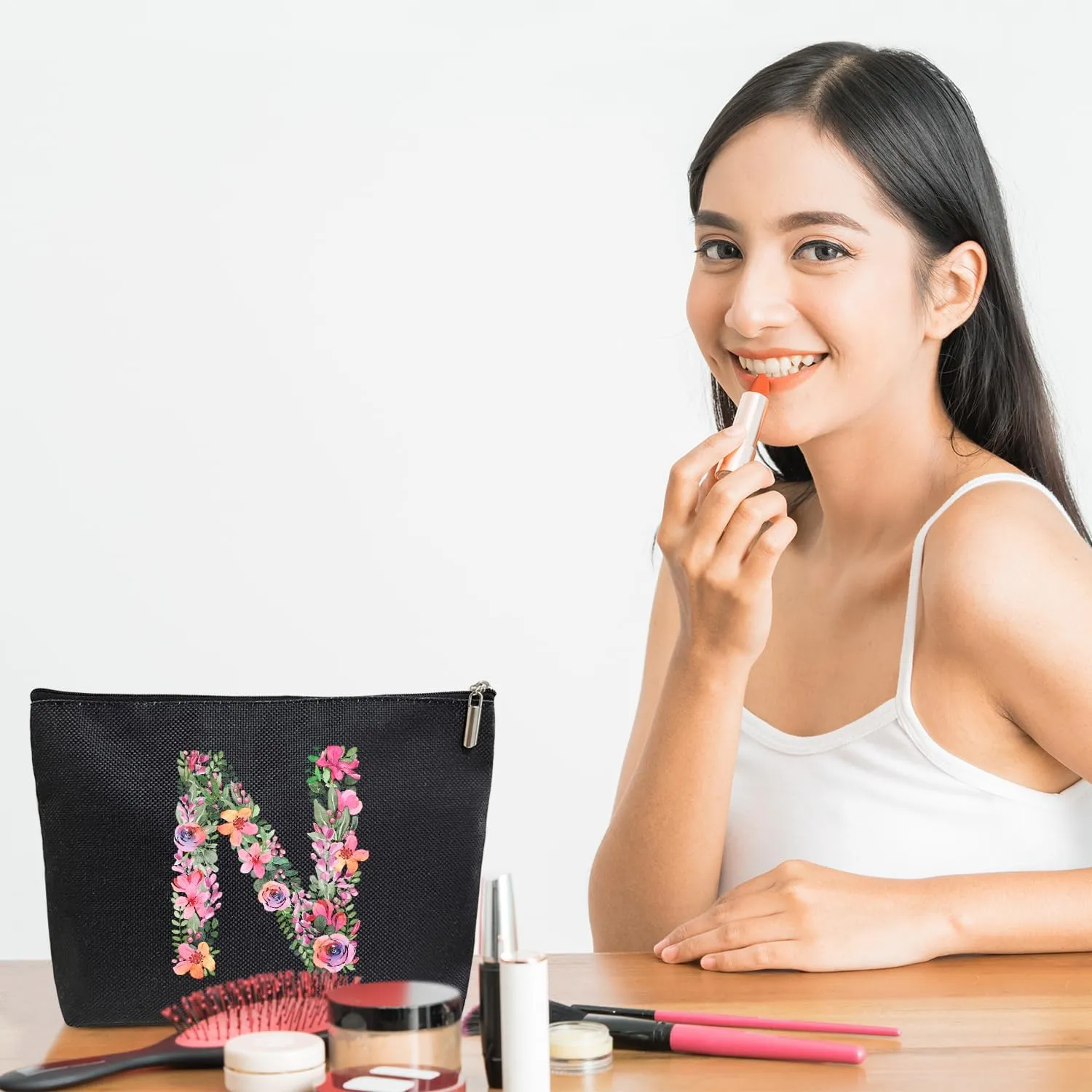 Initial Letter N Gifts for Women Mom Friend Besties Sister, Black Monogrammed Makeup Bag, Cosmetic Travel Bag with Zipper for Mother's Day Wedding Graduation, Bride Bridesmaid Pouch Toiletry Bag - 14