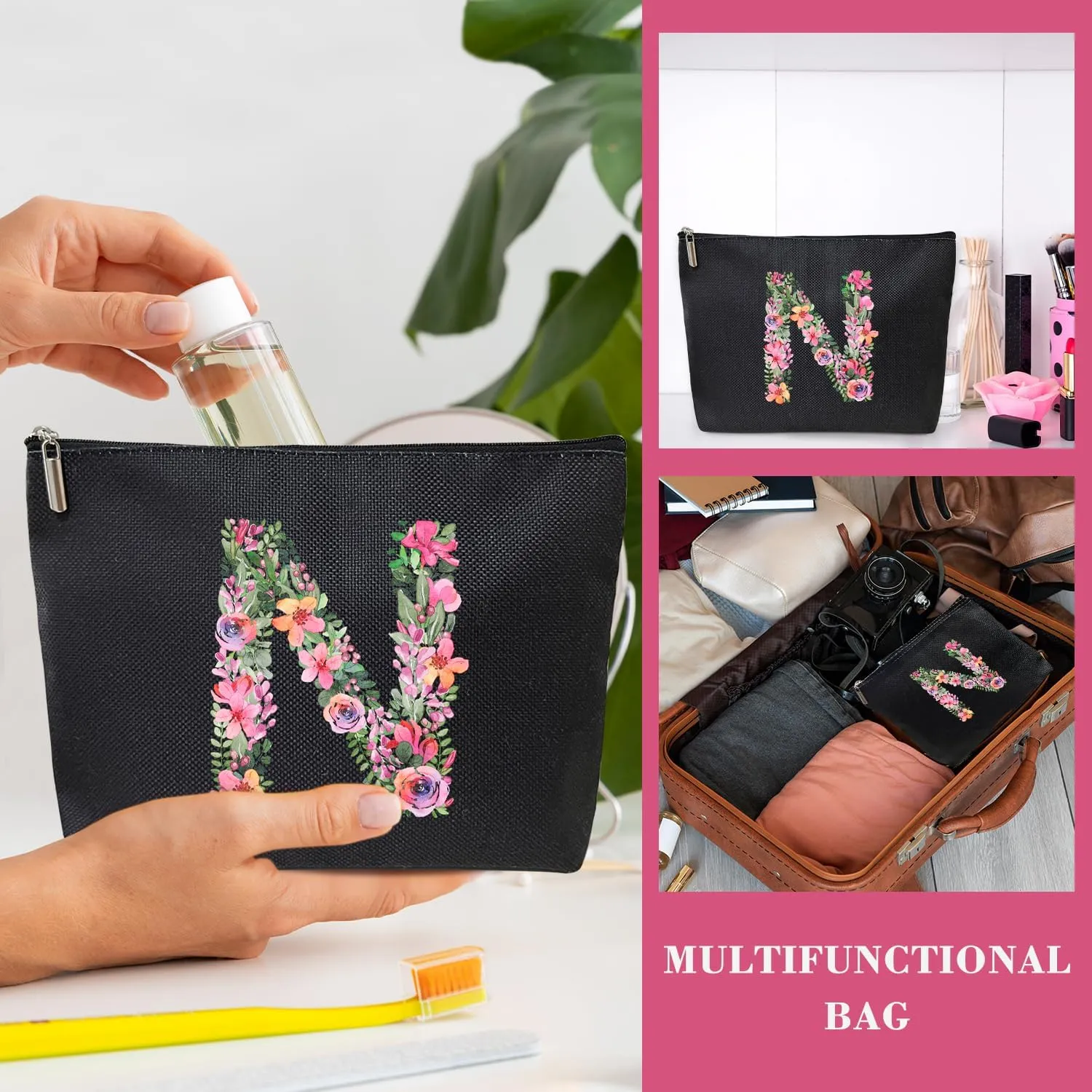 Initial Letter N Gifts for Women Mom Friend Besties Sister, Black Monogrammed Makeup Bag, Cosmetic Travel Bag with Zipper for Mother's Day Wedding Graduation, Bride Bridesmaid Pouch Toiletry Bag - 14