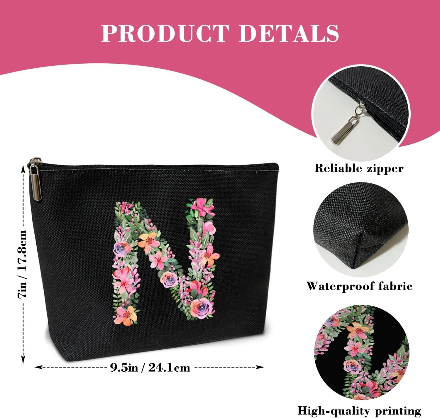Initial Letter N Gifts for Women Mom Friend Besties Sister, Black Monogrammed Makeup Bag, Cosmetic Travel Bag with Zipper for Mother's Day Wedding Graduation, Bride Bridesmaid Pouch Toiletry Bag - 14