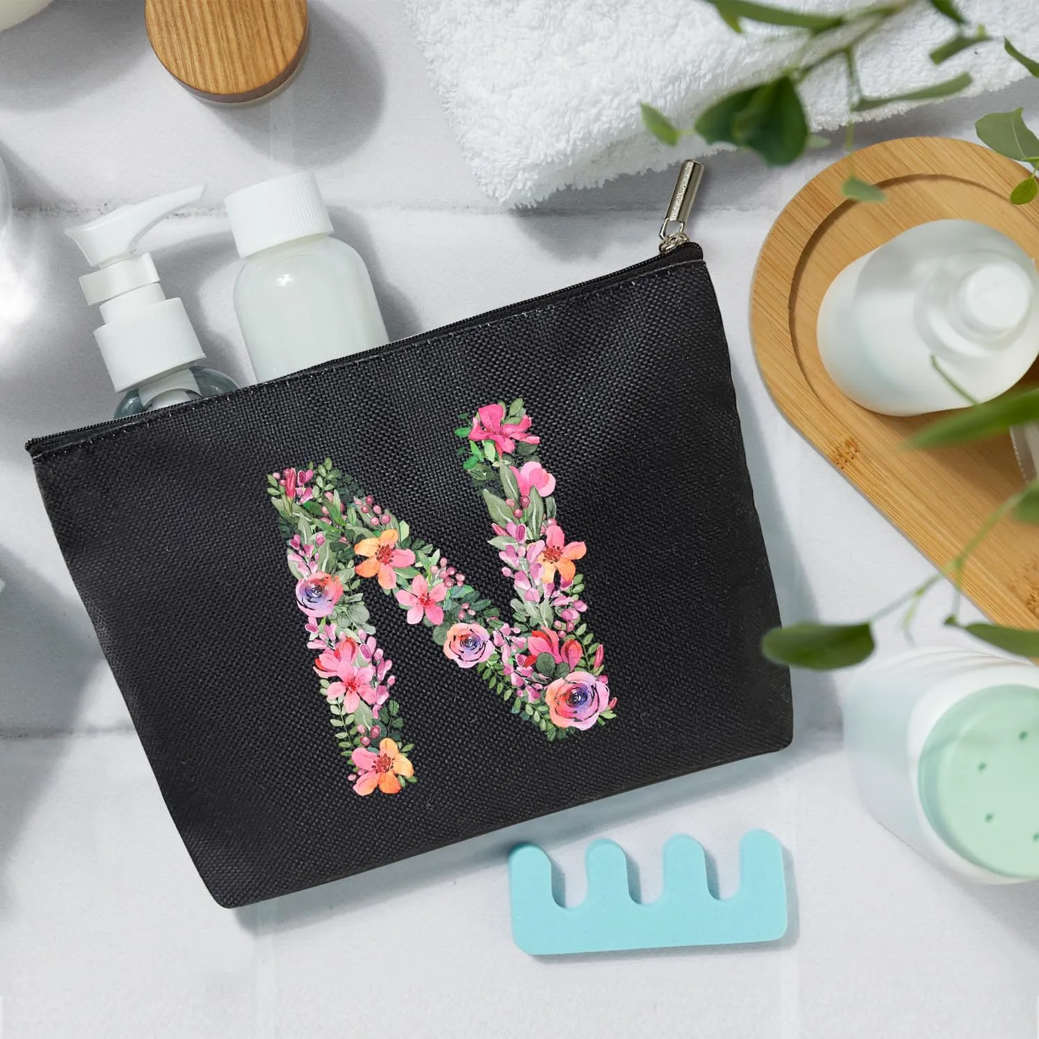 Initial Letter N Gifts for Women Mom Friend Besties Sister, Black Monogrammed Makeup Bag, Cosmetic Travel Bag with Zipper for Mother's Day Wedding Graduation, Bride Bridesmaid Pouch Toiletry Bag - 14