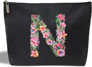 Initial Letter N Gifts for Women Mom Friend Besties Sister, Black Monogrammed Makeup Bag, Cosmetic Travel Bag with Zipper for Mother's Day Wedding Graduation, Bride Bridesmaid Pouch Toiletry Bag - 14