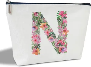 Initial Letter N Gifts for Women Mom Friend Besties Sister, Flower Monogrammed Makeup Bag, Cosmetic Travel Bag with Zipper for Mother's Day Wedding Graduation, Bride Bridesmaid Pouch Toiletry Bag - 14