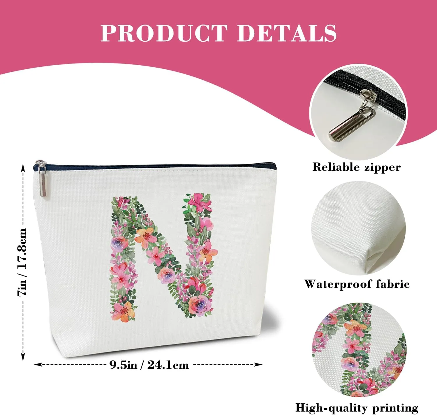 Initial Letter N Gifts for Women Mom Friend Besties Sister, Flower Monogrammed Makeup Bag, Cosmetic Travel Bag with Zipper for Mother's Day Wedding Graduation, Bride Bridesmaid Pouch Toiletry Bag - 14