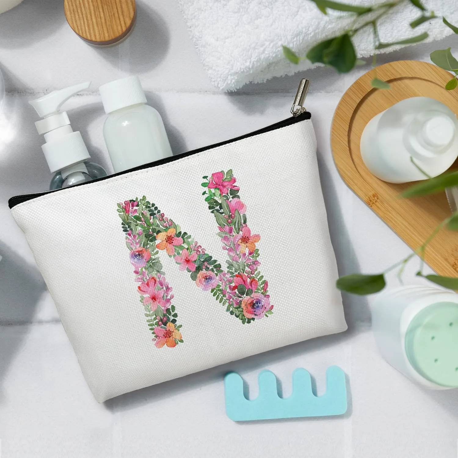 Initial Letter N Gifts for Women Mom Friend Besties Sister, Flower Monogrammed Makeup Bag, Cosmetic Travel Bag with Zipper for Mother's Day Wedding Graduation, Bride Bridesmaid Pouch Toiletry Bag - 14