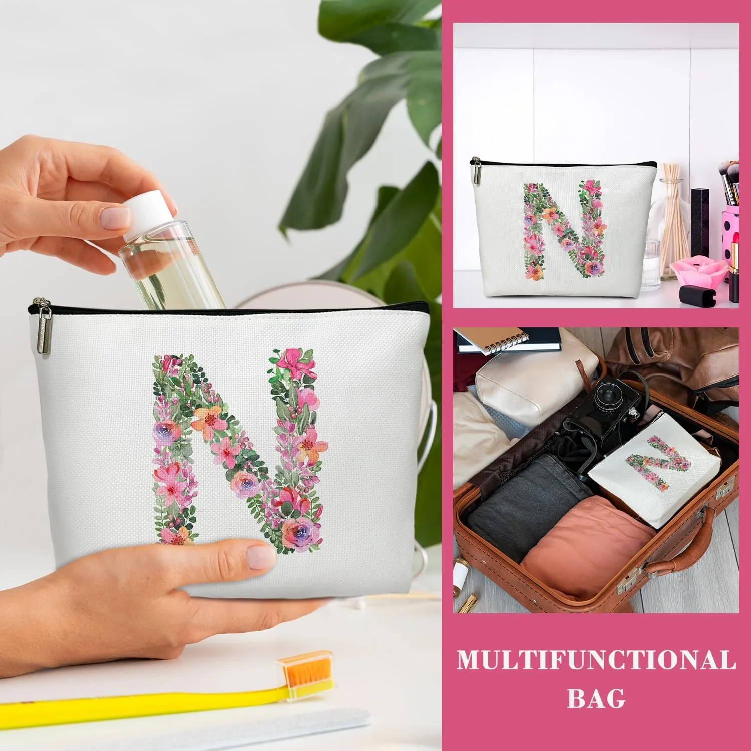 Initial Letter N Gifts for Women Mom Friend Besties Sister, Flower Monogrammed Makeup Bag, Cosmetic Travel Bag with Zipper for Mother's Day Wedding Graduation, Bride Bridesmaid Pouch Toiletry Bag - 14