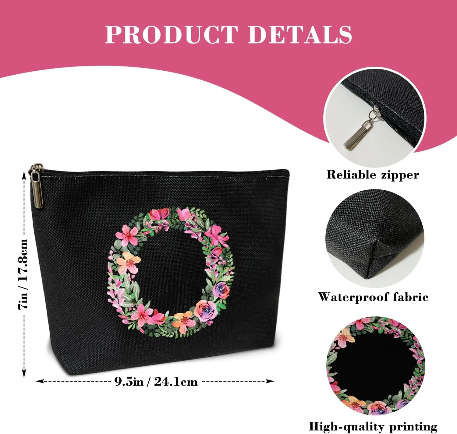 Initial Letter O Gifts for Women Mom Friend Besties Sister, Black Monogrammed Makeup Bag, Cosmetic Travel Bag with Zipper for Mother's Day Wedding Graduation, Bride Bridesmaid Pouch Toiletry Bag - 15