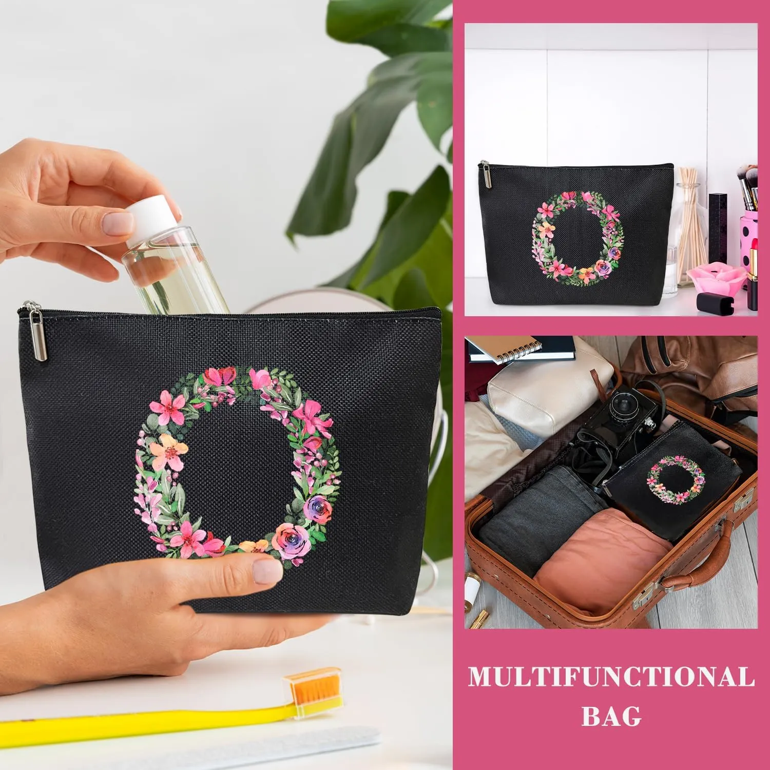 Initial Letter O Gifts for Women Mom Friend Besties Sister, Black Monogrammed Makeup Bag, Cosmetic Travel Bag with Zipper for Mother's Day Wedding Graduation, Bride Bridesmaid Pouch Toiletry Bag - 15