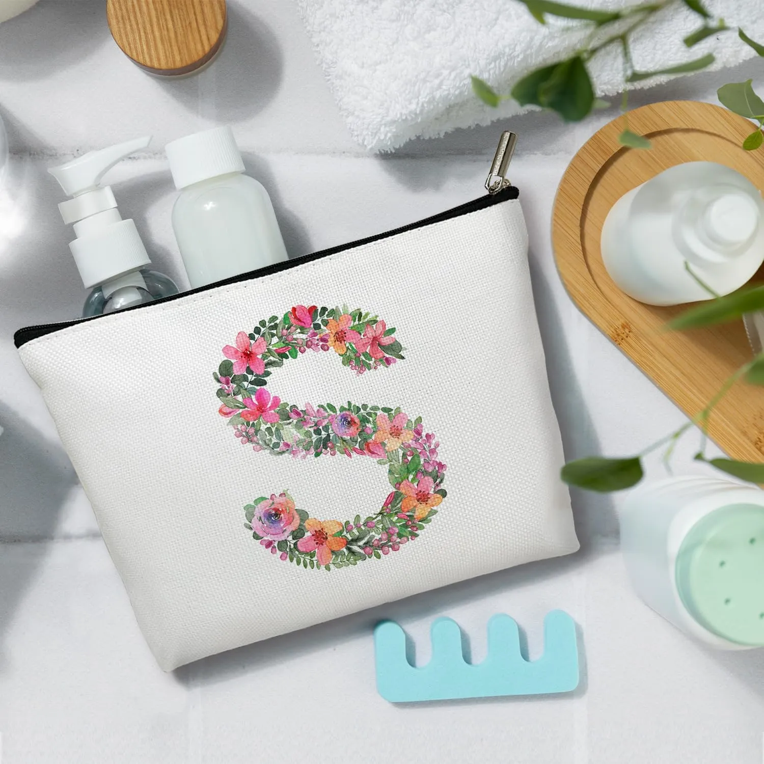 Initial Letter S Gifts for Women Mom Friend Besties Sister, Flower Monogrammed Makeup Bag, Cosmetic Travel Bag with Zipper for Mother's Day Wedding Graduation, Bride Bridesmaid Pouch Toiletry Bag - 19
