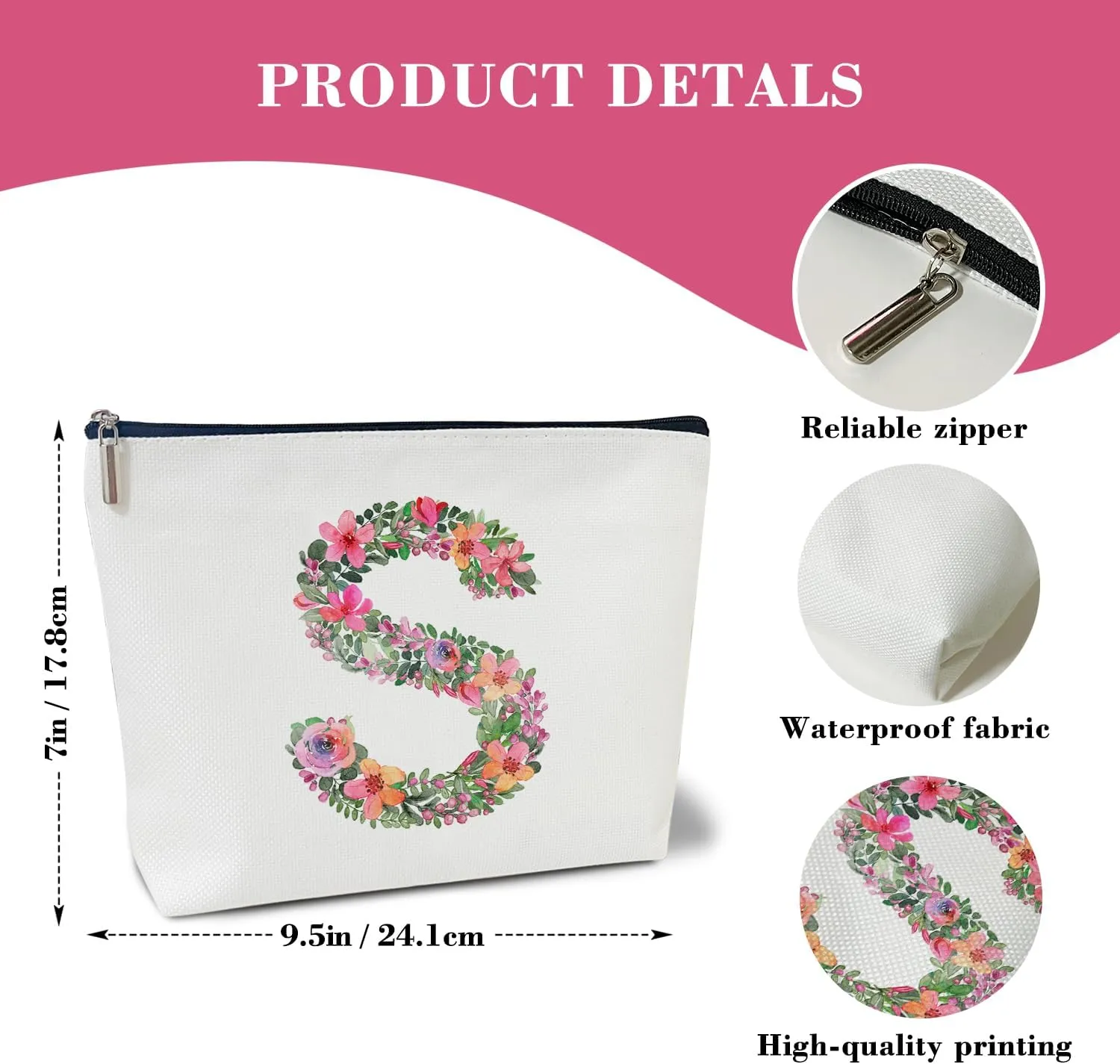 Initial Letter S Gifts for Women Mom Friend Besties Sister, Flower Monogrammed Makeup Bag, Cosmetic Travel Bag with Zipper for Mother's Day Wedding Graduation, Bride Bridesmaid Pouch Toiletry Bag - 19