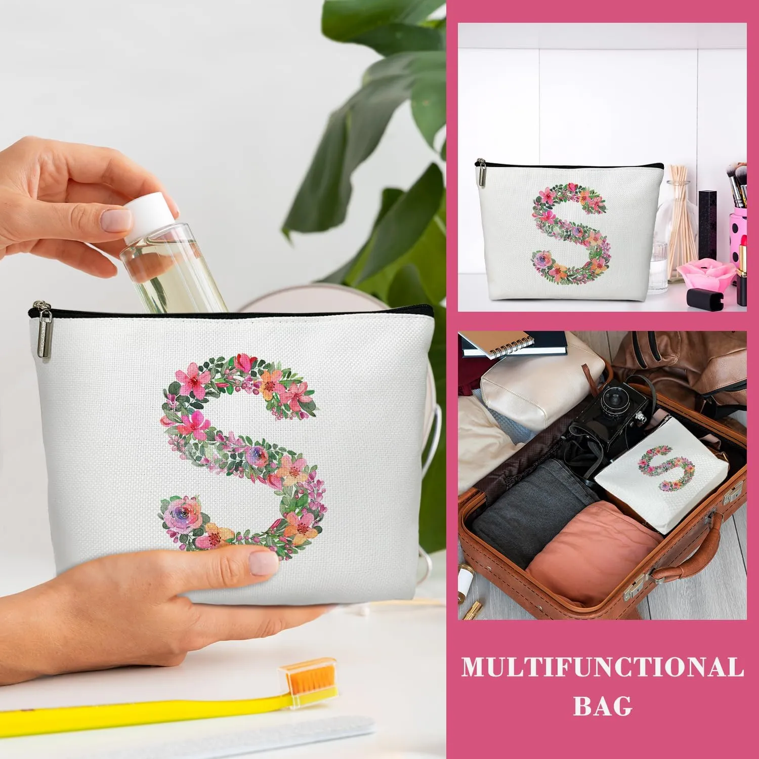 Initial Letter S Gifts for Women Mom Friend Besties Sister, Flower Monogrammed Makeup Bag, Cosmetic Travel Bag with Zipper for Mother's Day Wedding Graduation, Bride Bridesmaid Pouch Toiletry Bag - 19
