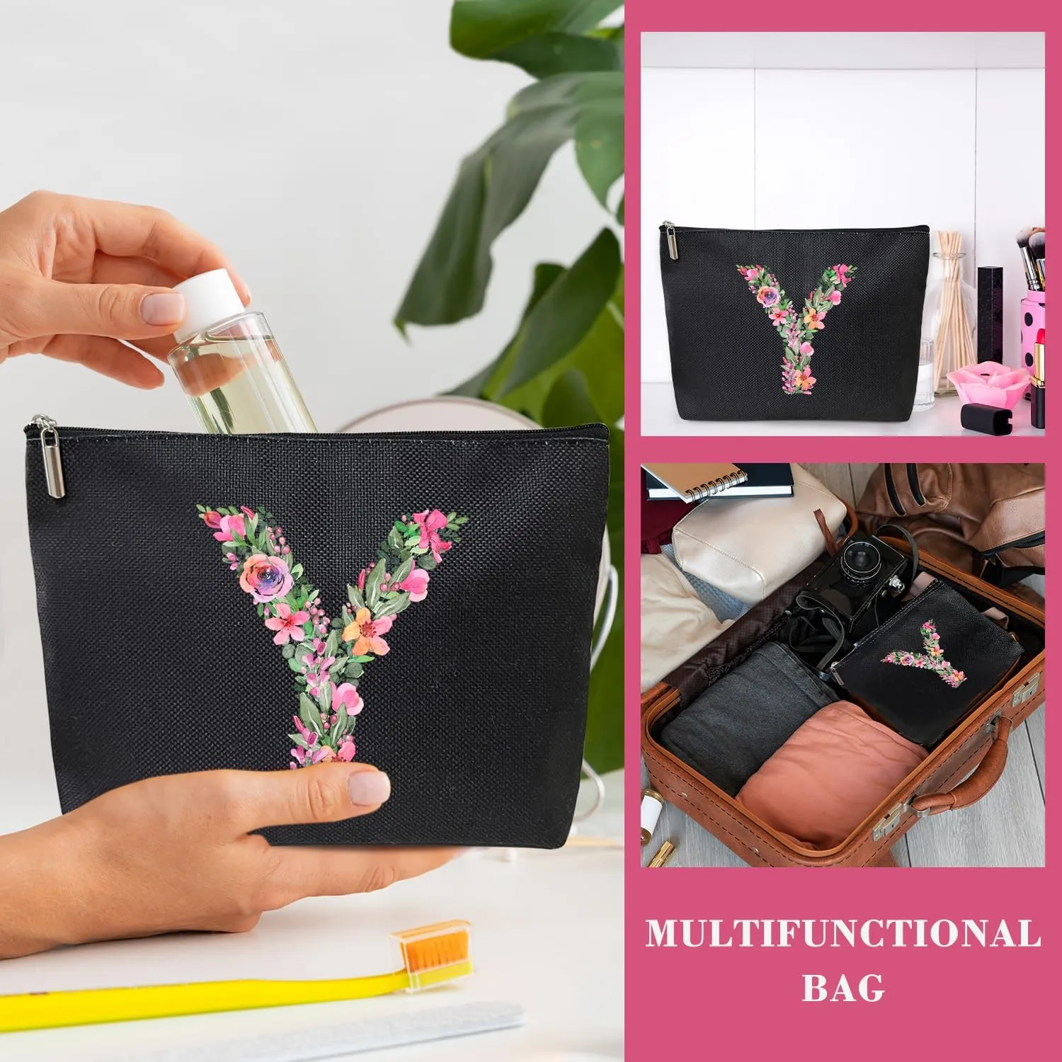 Initial Letter Y Gifts for Women Mom Friend Besties Sister, Black Monogrammed Makeup Bag, Cosmetic Travel Bag with Zipper for Mother's Day Wedding Graduation, Bride Bridesmaid Pouch Toiletry Bag - 25