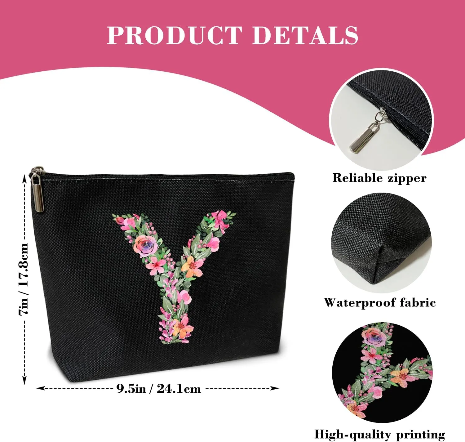 Initial Letter Y Gifts for Women Mom Friend Besties Sister, Black Monogrammed Makeup Bag, Cosmetic Travel Bag with Zipper for Mother's Day Wedding Graduation, Bride Bridesmaid Pouch Toiletry Bag - 25