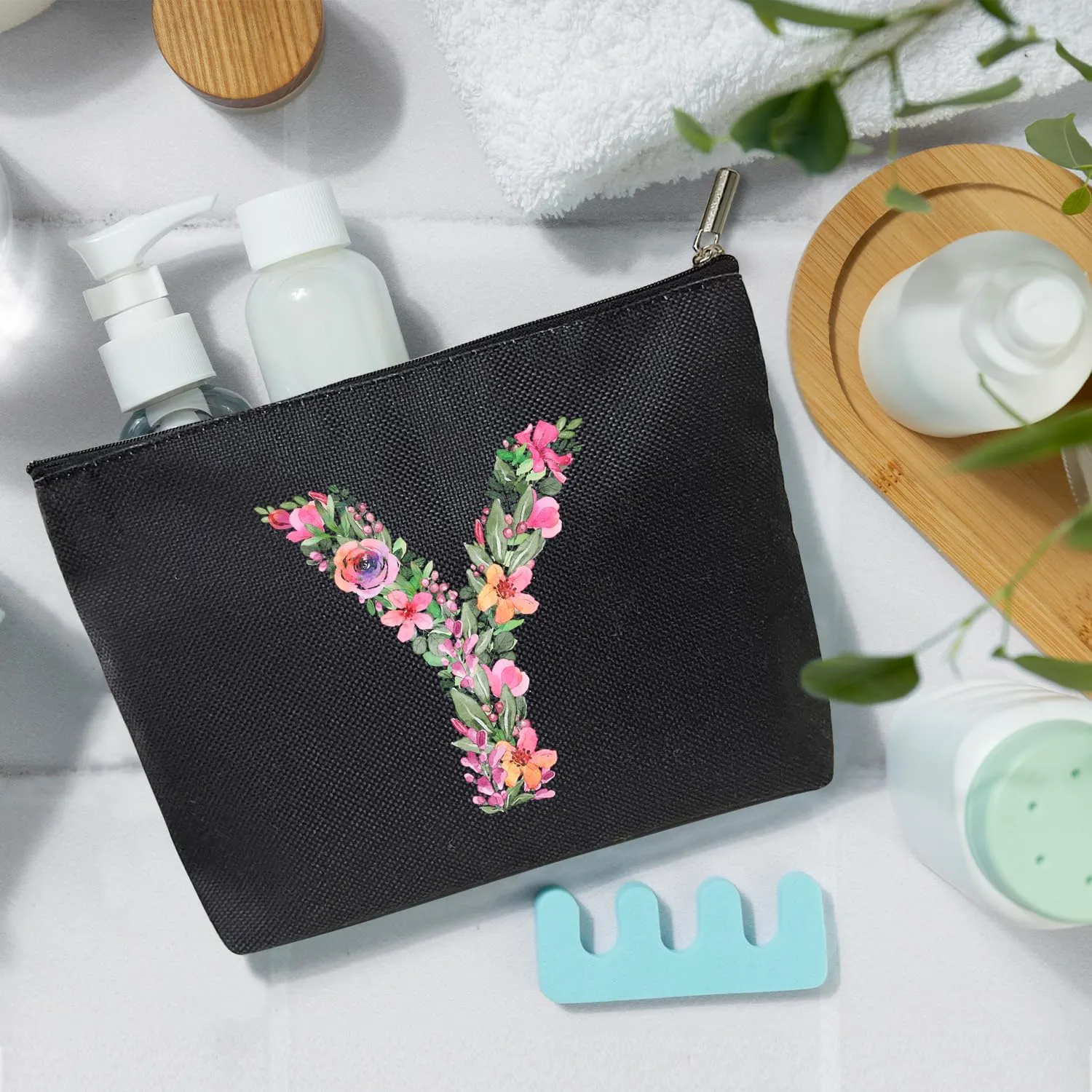Initial Letter Y Gifts for Women Mom Friend Besties Sister, Black Monogrammed Makeup Bag, Cosmetic Travel Bag with Zipper for Mother's Day Wedding Graduation, Bride Bridesmaid Pouch Toiletry Bag - 25