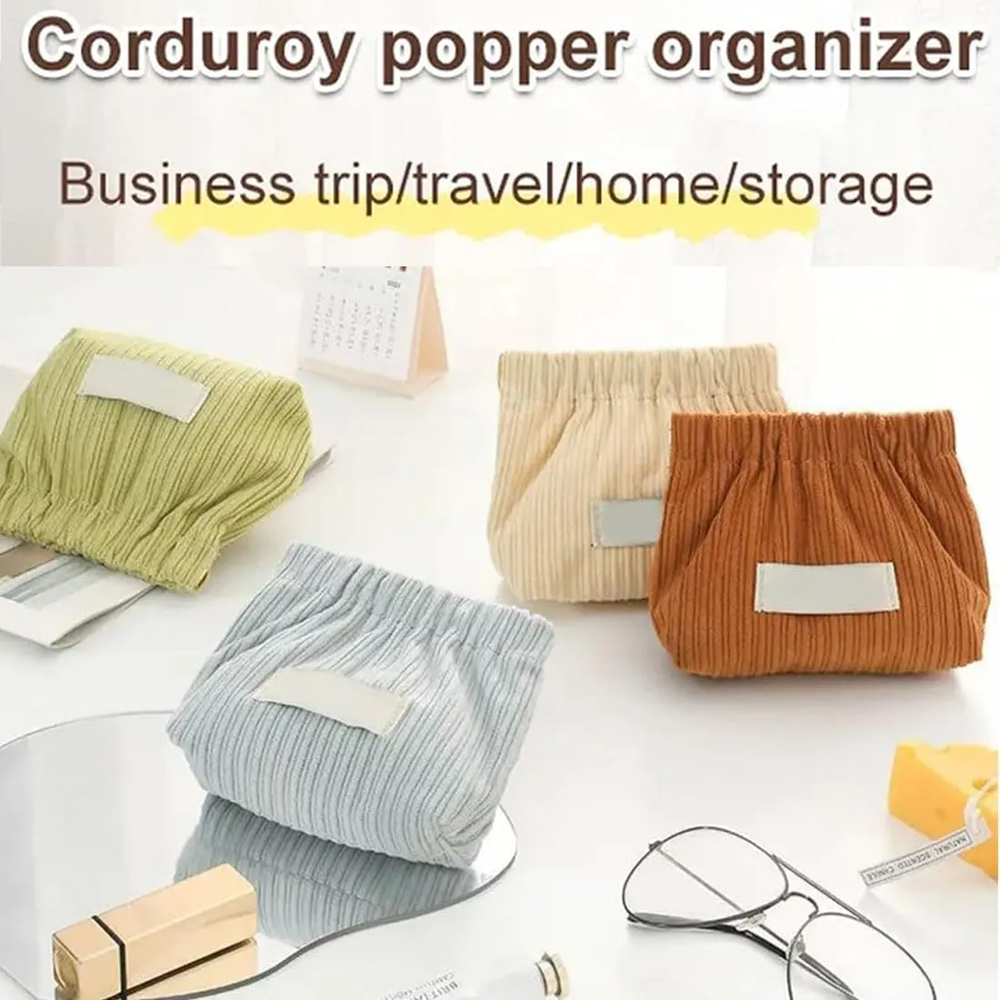 KCRPM Corduroy Elastic Hair Tie Organizer, Cosmetic Bags for Women Makeup Bag Large Capacity Purse Travel Toiletry Zipper Storage Pouch Make up Brushes Organizer for Gifts (2pcs C)