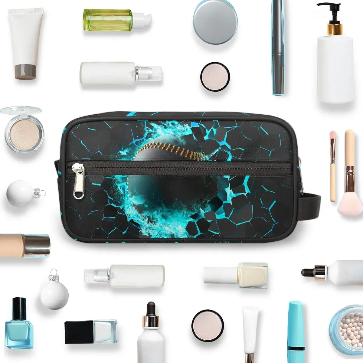 Kids Travel Toiletry Bag for Boys Teens, Black and Gold 3D Baseball Waterproof Hanging Dopp Kit Wash Bag with Large Capacity for Travel, Sports, Shower