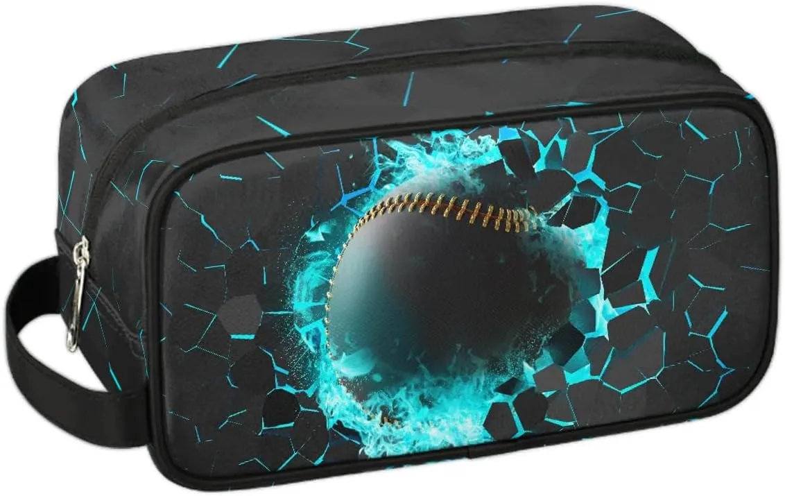 Kids Travel Toiletry Bag for Boys Teens, Black and Gold 3D Baseball Waterproof Hanging Dopp Kit Wash Bag with Large Capacity for Travel, Sports, Shower