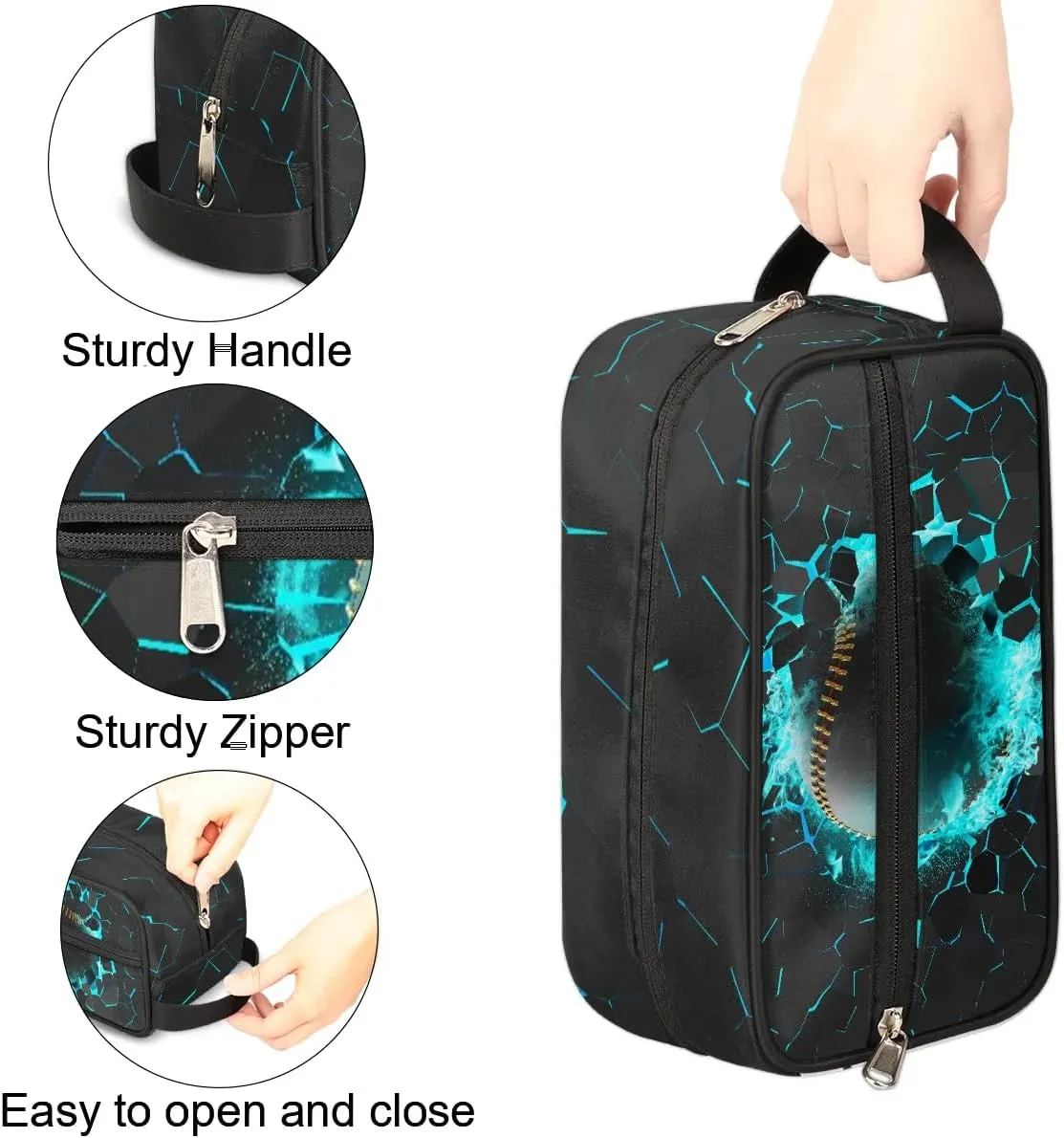 Kids Travel Toiletry Bag for Boys Teens, Black and Gold 3D Baseball Waterproof Hanging Dopp Kit Wash Bag with Large Capacity for Travel, Sports, Shower