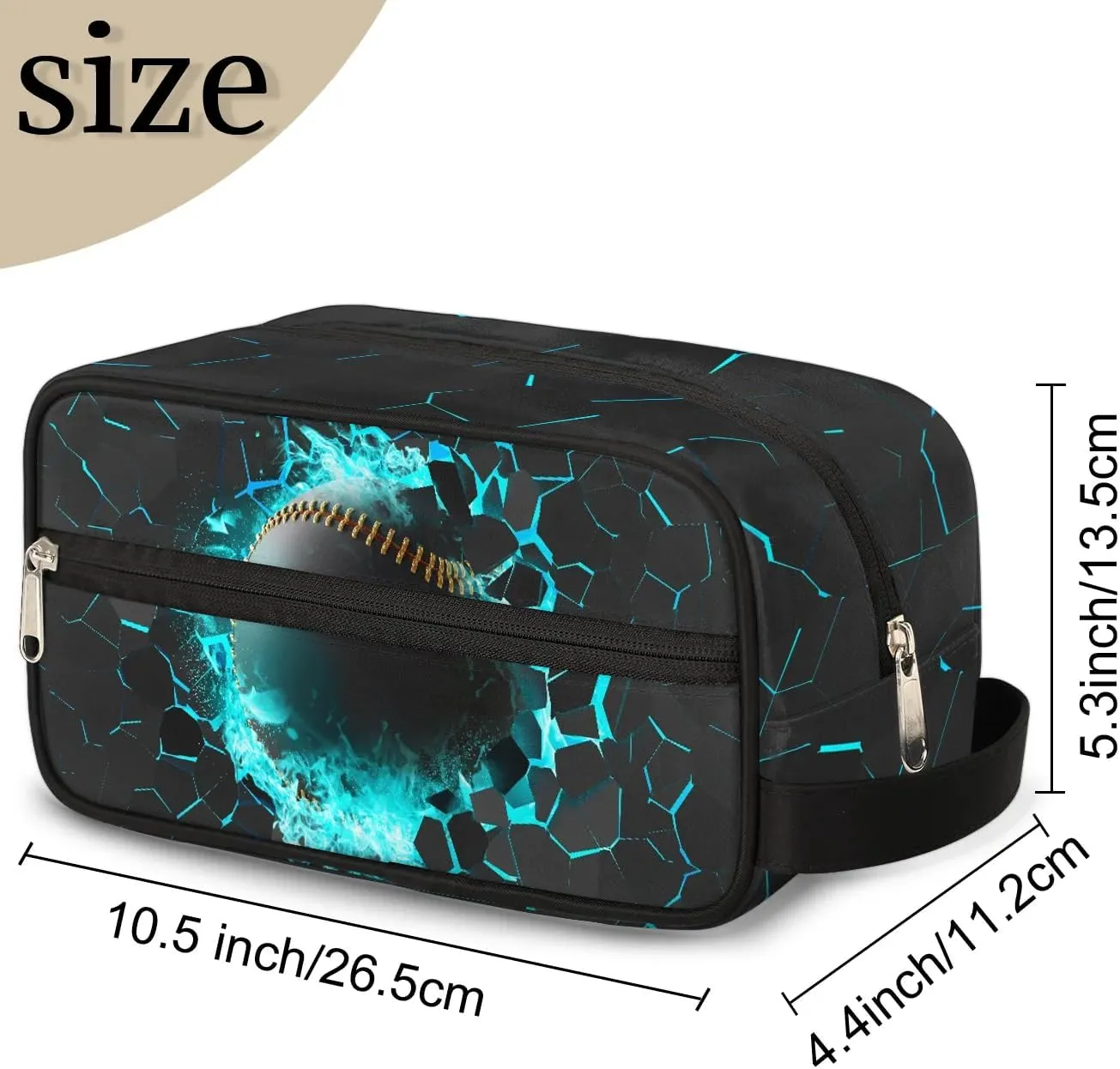 Kids Travel Toiletry Bag for Boys Teens, Black and Gold 3D Baseball Waterproof Hanging Dopp Kit Wash Bag with Large Capacity for Travel, Sports, Shower