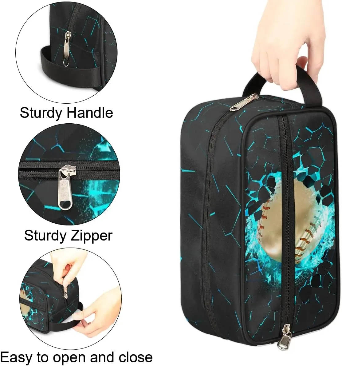Kids Travel Toiletry Bag for Boys Teens, Gold 3D Baseball Waterproof Hanging Dopp Kit Wash Bag with Large Capacity for Travel, Sports, Shower