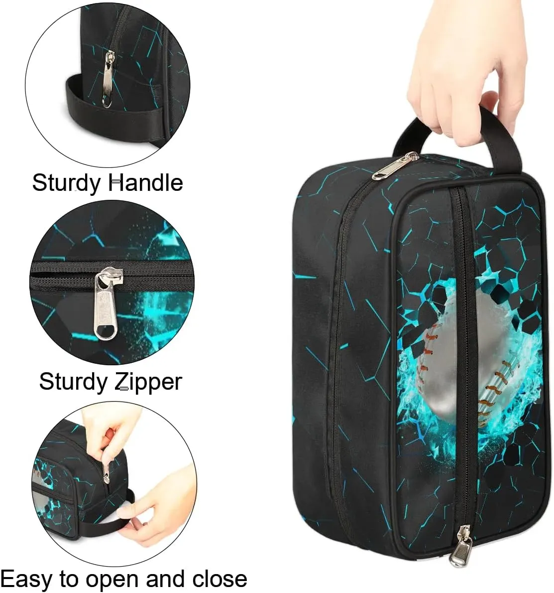 Kids Travel Toiletry Bag for Boys Teens, White 3D Baseball Waterproof Hanging Dopp Kit Wash Bag with Large Capacity for Travel, Sports, Shower