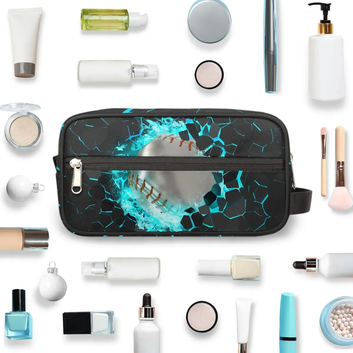 Kids Travel Toiletry Bag for Boys Teens, White 3D Baseball Waterproof Hanging Dopp Kit Wash Bag with Large Capacity for Travel, Sports, Shower